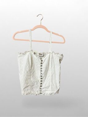 Terry Italy White Eyelet Corset Top Lace Trim Button Front Cotton